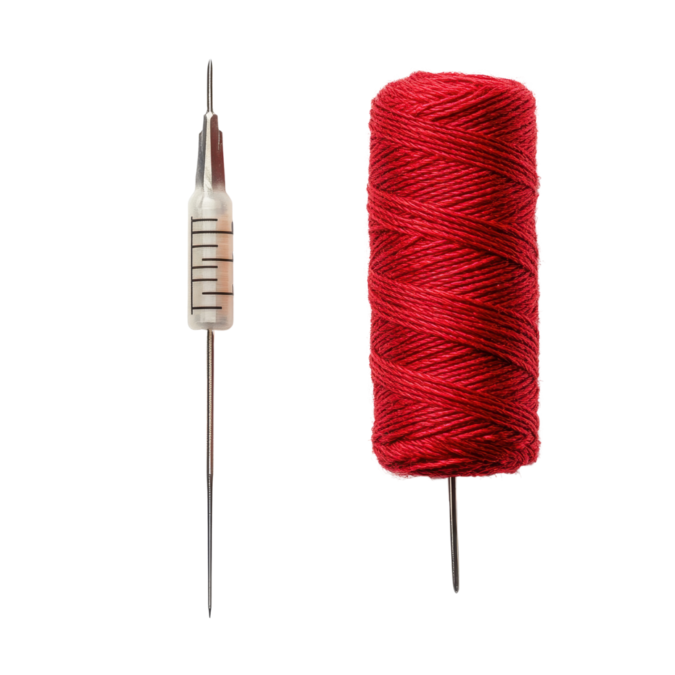 Red thread and needle isolated on Transparent background ready for sewing tasks and craft projects, Red thread and needle isolated on background png