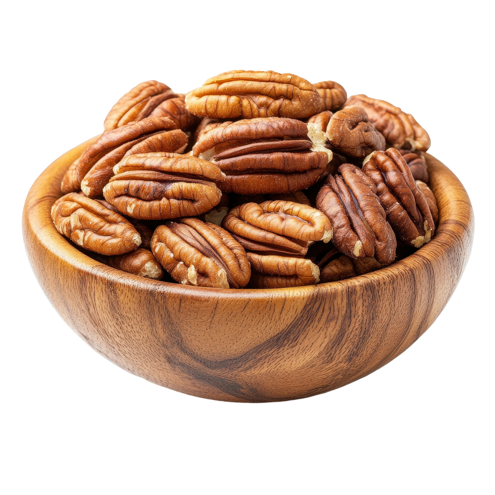 Pecans in wooden bowl captured against a clean Transparent background, Pecans in wood bowl isolated on background png