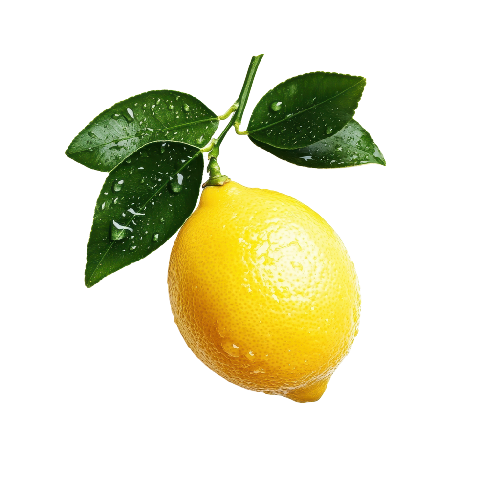 Bright yellow lemon with fresh green leaves on Transparent background highlighting natural freshness and zest, lemon isolated on background png
