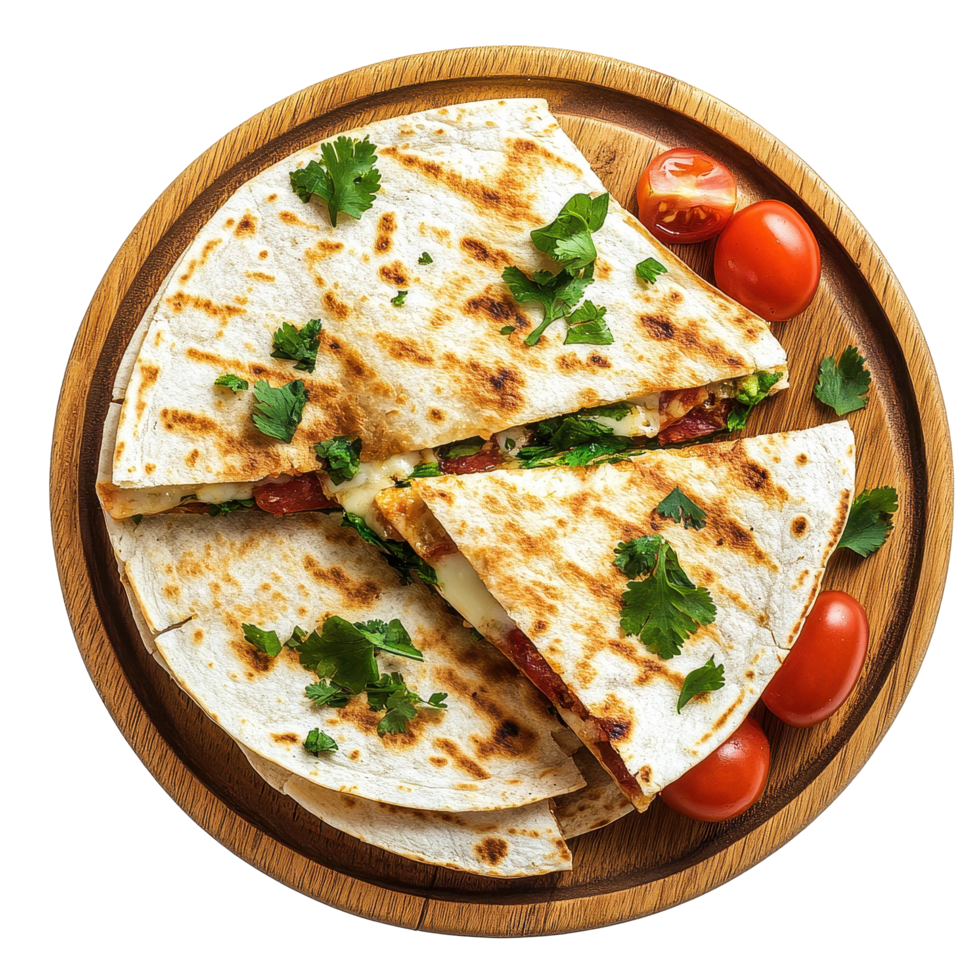 Delicious quesadilla served on a wooden plate with fresh ingredients and vibrant toppings, quesadilla on wooden plate, top view, isolated Transparent background png