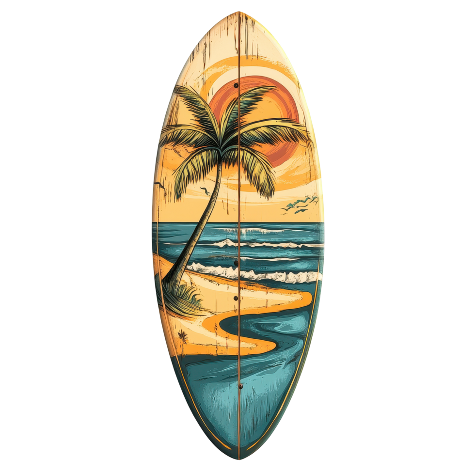 Vibrant surfboard design featuring palms, ocean waves, and a sun setting over the beach, surfboard with palms, ocean and sun, png