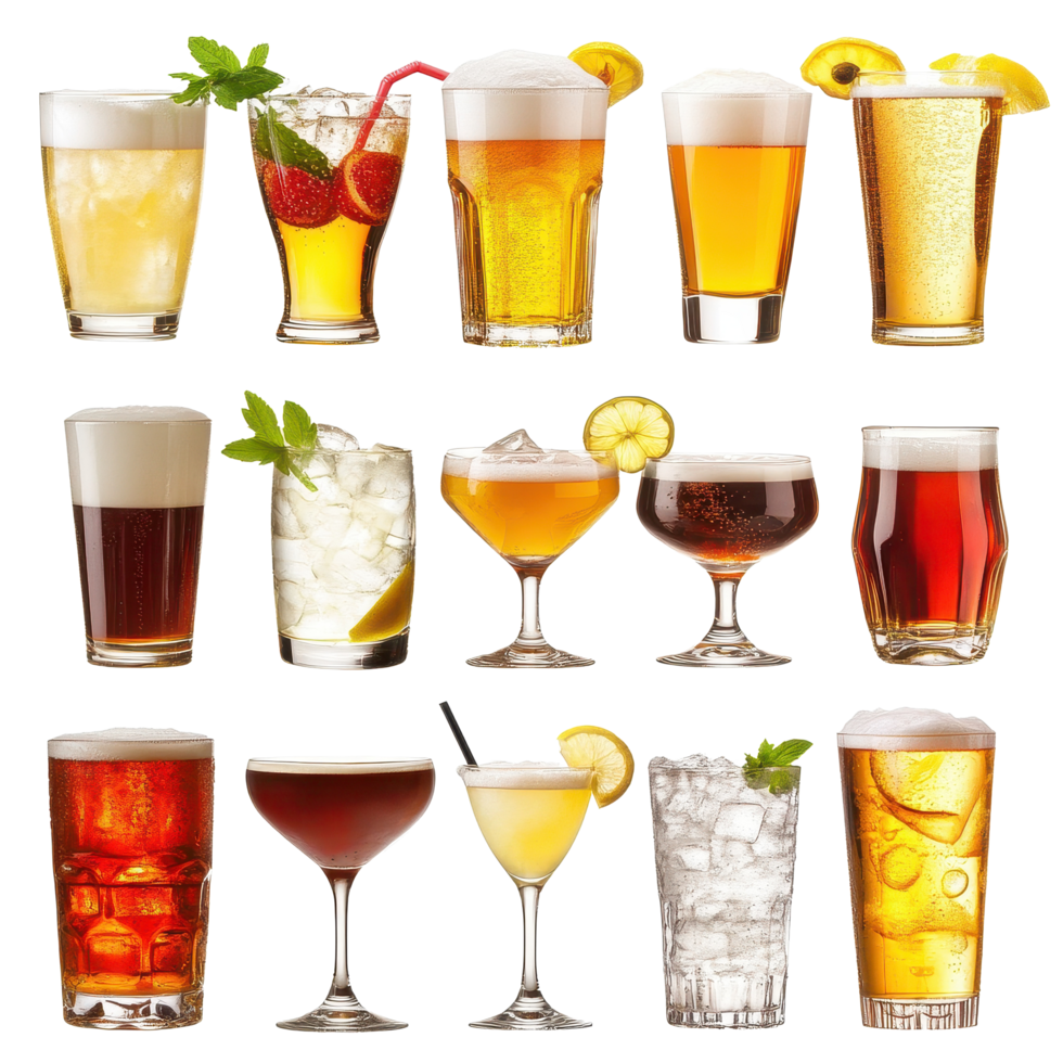Various cocktails and beers displayed on a Transparent background, showcasing diverse drink options for gatherings, various drinks, cocktails and beer isolated on background png