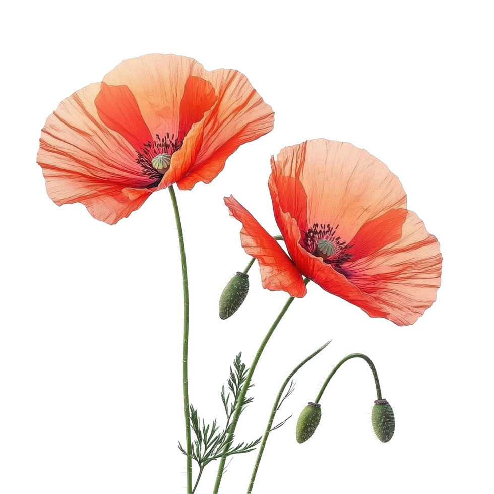 Bright red poppy flowers with delicate petals and green buds against Transparent background, Red poppy flowers isolated on background png