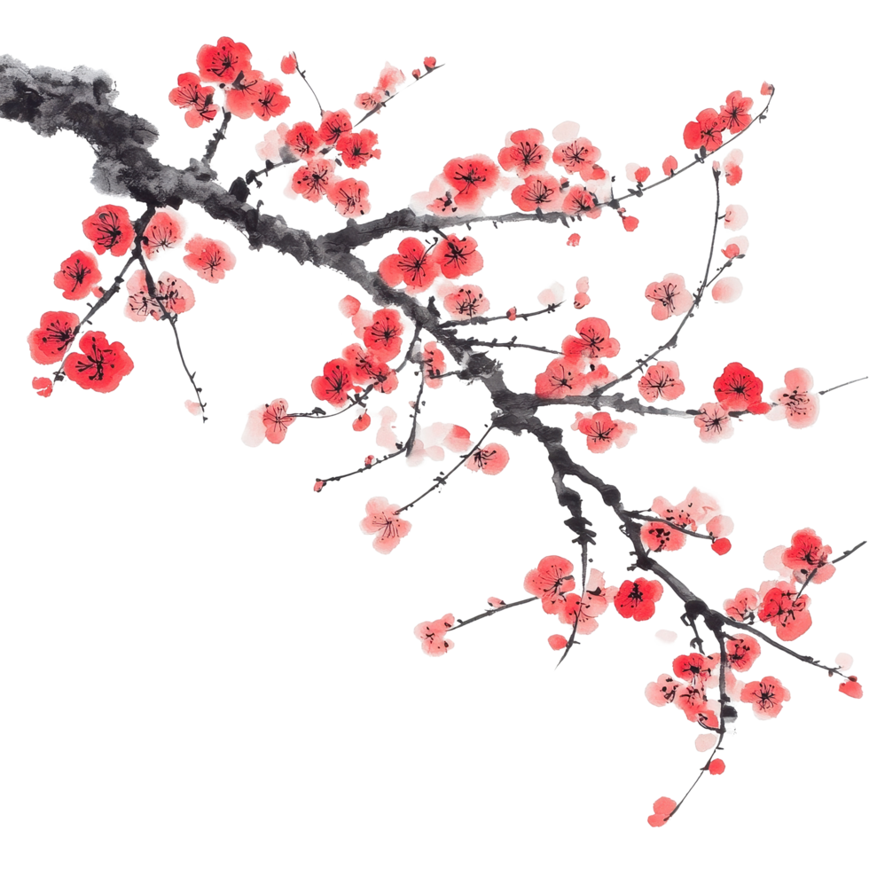 Plum blossom branch in Chinese ink painting style with vibrant red and subtle gray tones, Plum blossom with Chinese ink painting style Transparent background png