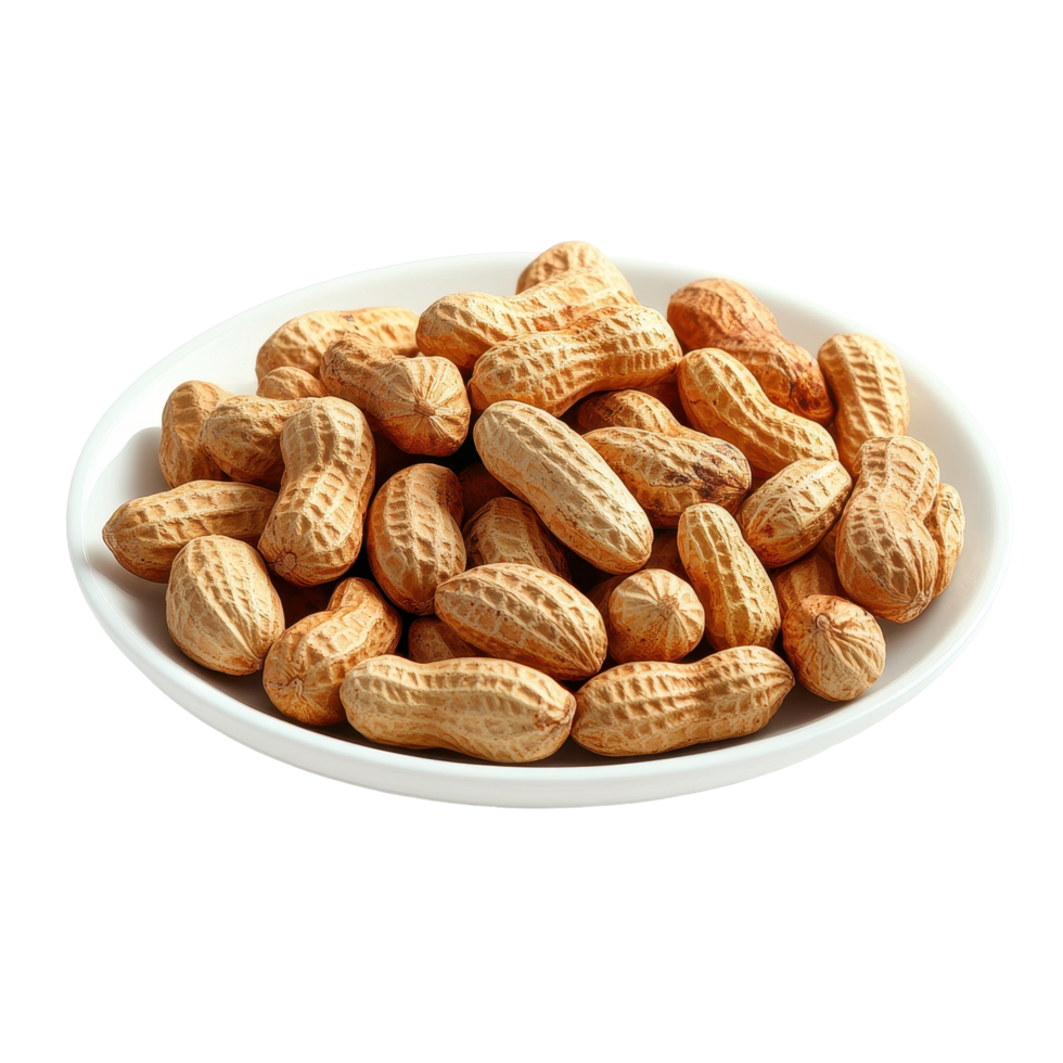Peanuts in a white plate isolated on a clean Transparent background ready for snacking or culinary use, peanuts in plate isolated on background png