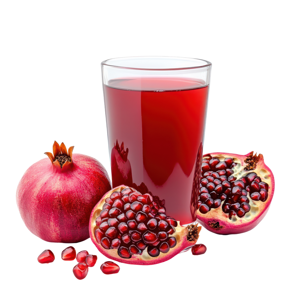 Refreshing glass of pomegranate juice with ripe fruit isolated on white background for healthy drinking, Glass pomegranate juice with fruit isolated on white. png