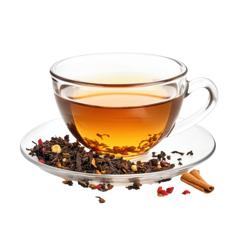 Elegant glass cup of tea with loose tea leaves and spices on a clean Transparent background for a cozy experience, teapot isolated on background png