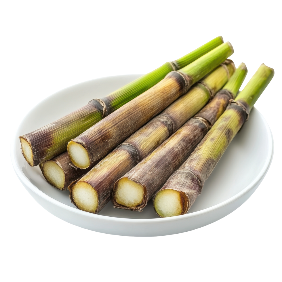 Sugarcane stalks arranged on a white plate isolated against a clean Transparent background, sugarcane in white plate isolated on background png