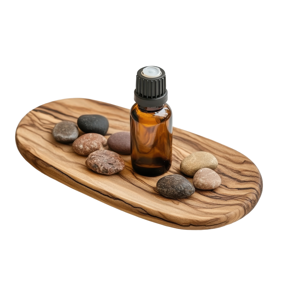 Essential oil bottle on wooden tray surrounded by smooth river stones, bottle essential oil sitting on a wooden tray with rocks png