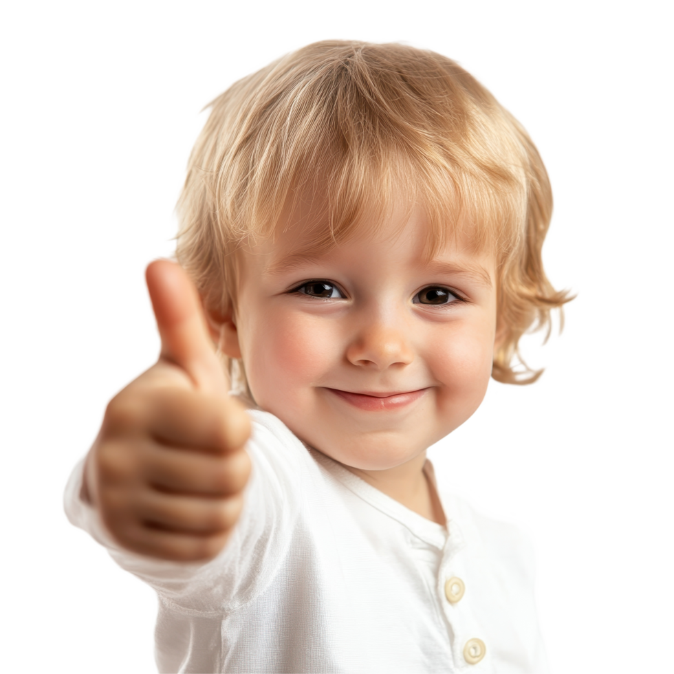 Happy child gives thumbs up to the camera while smiling joyfully in a bright setting, Happy child giving a thumbs up to the camera, white background png