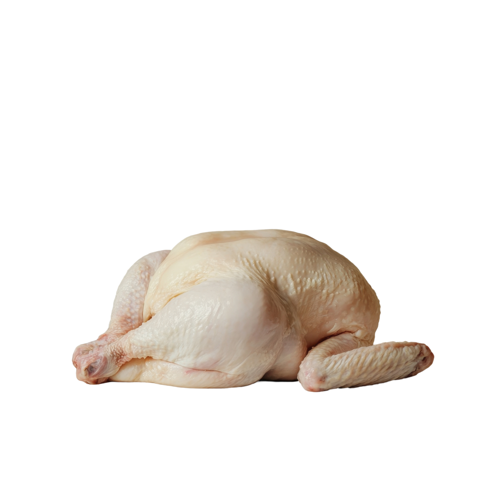 Whole raw chicken on clean white table ready for preparation and cooking in a kitchen environment, Whole raw chicken png
