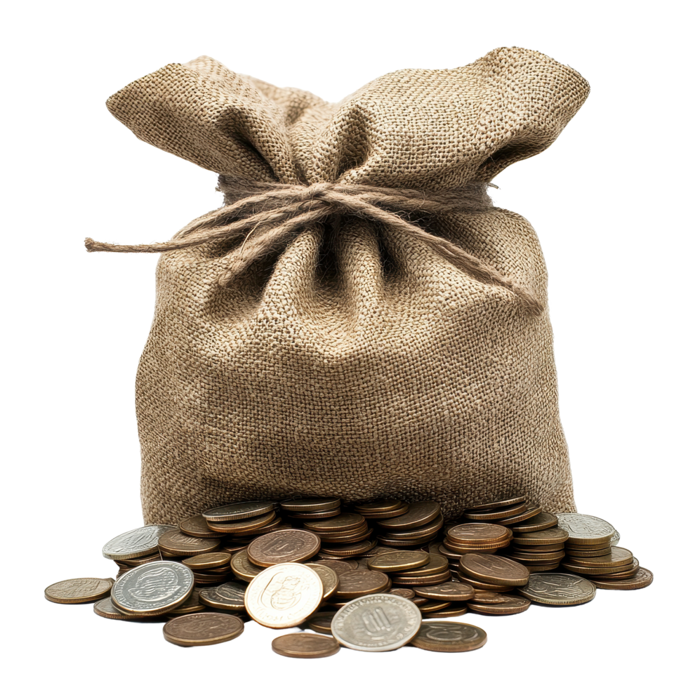 Coins spilling from a cloth bag on a Transparent background highlighting the texture and detail of the coins, Closeup a cloth bag with coins inside and coins piled outside png