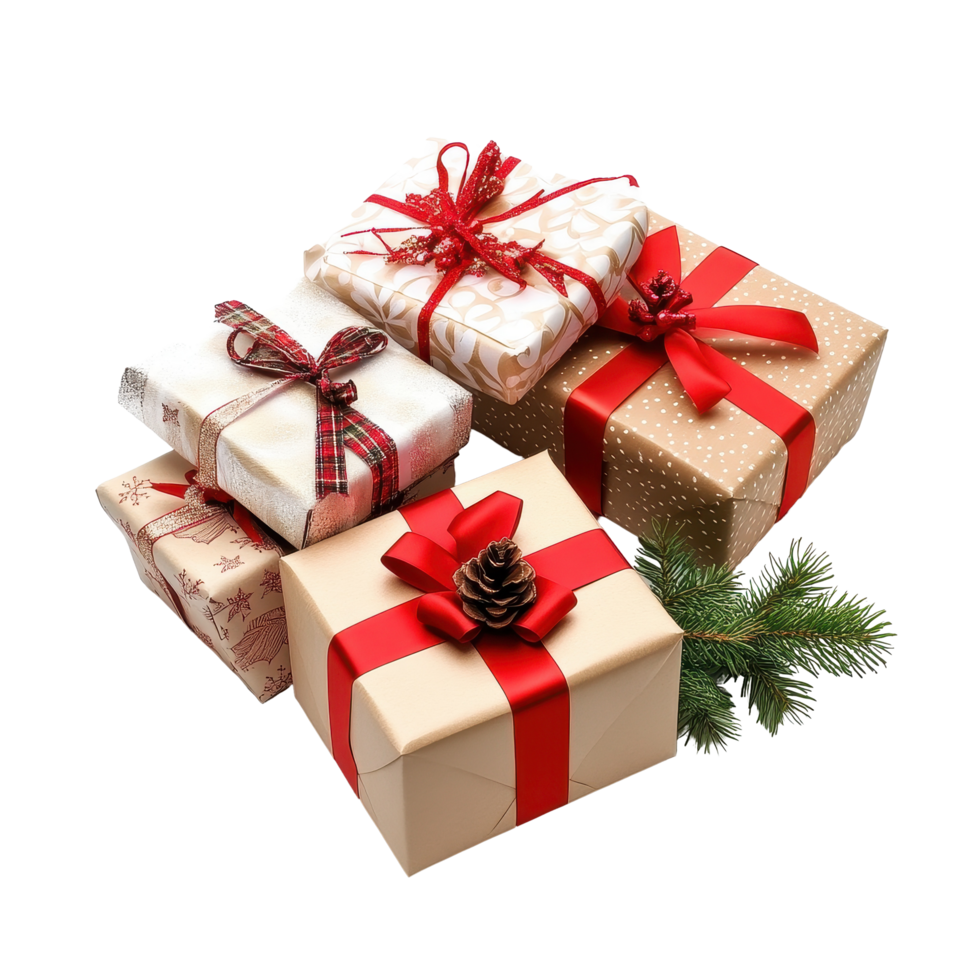Colorfully wrapped Christmas gift boxes on a white background creating a festive holiday atmosphere, Christmas Gift boxes isolated. png
