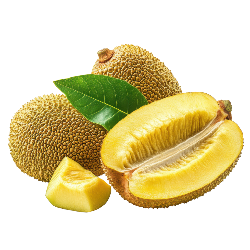 Fresh jack fruits with vibrant green leaves against a clean Transparent background, jack fruits with leaf on background png