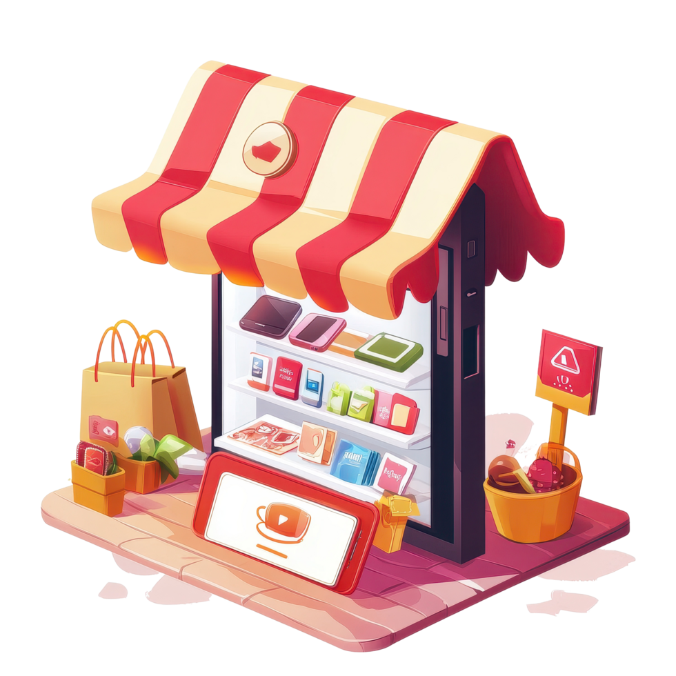 Online mobile shop offers a variety of gadgets in a cartoon style setting with a playful Transparent background, Online mobile shop with cartoon style background png