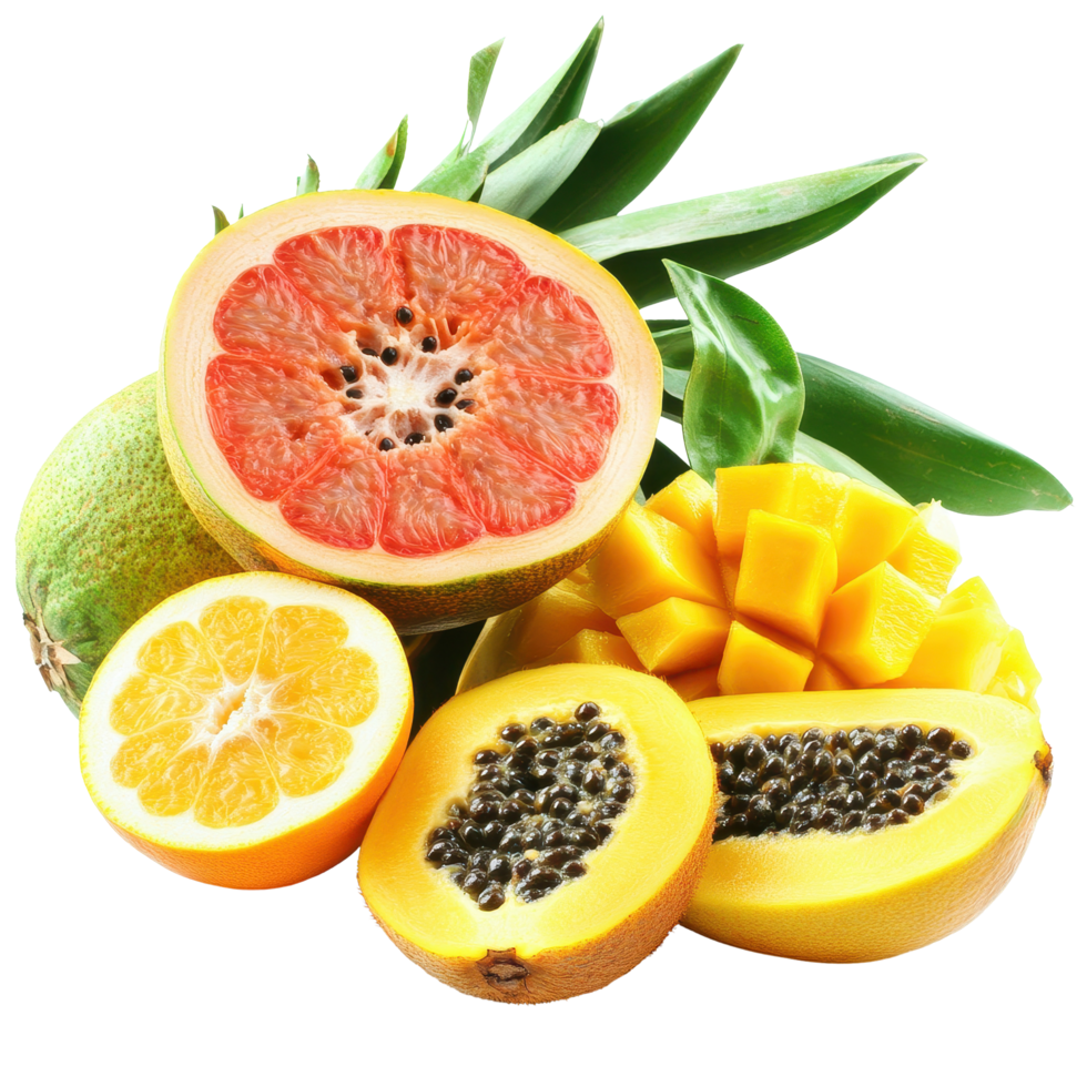 Ripe tropical fruits including papaya, mango, and grapefruit displayed on a Transparent background, Ripe tropical fruits on a background isolate png