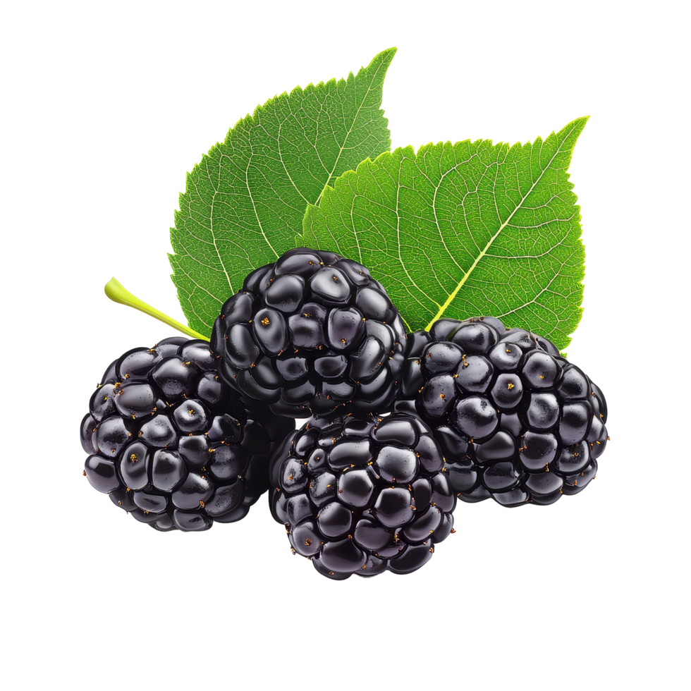 Fresh mulberry berries with vibrant green leaves isolated on a Transparent background for culinary uses, Mulberry berry with leafisolated on background png