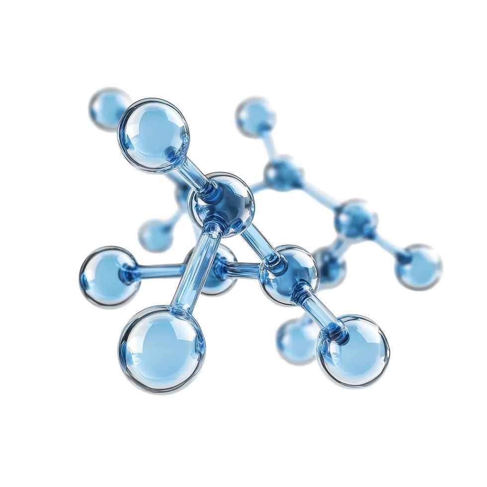 molécula estrutura com transparente azul esferas em uma transparente fundo, molécula com azul transparente estrutura fundo png