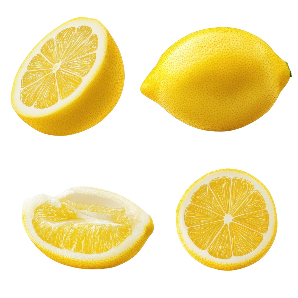 Fresh ripe lemon fruit slices and whole lemon isolated on Transparent background showcasing vibrant yellow color, ripe lemon fruit half and slices isolated, Fresh and Juicy Lemon White background png