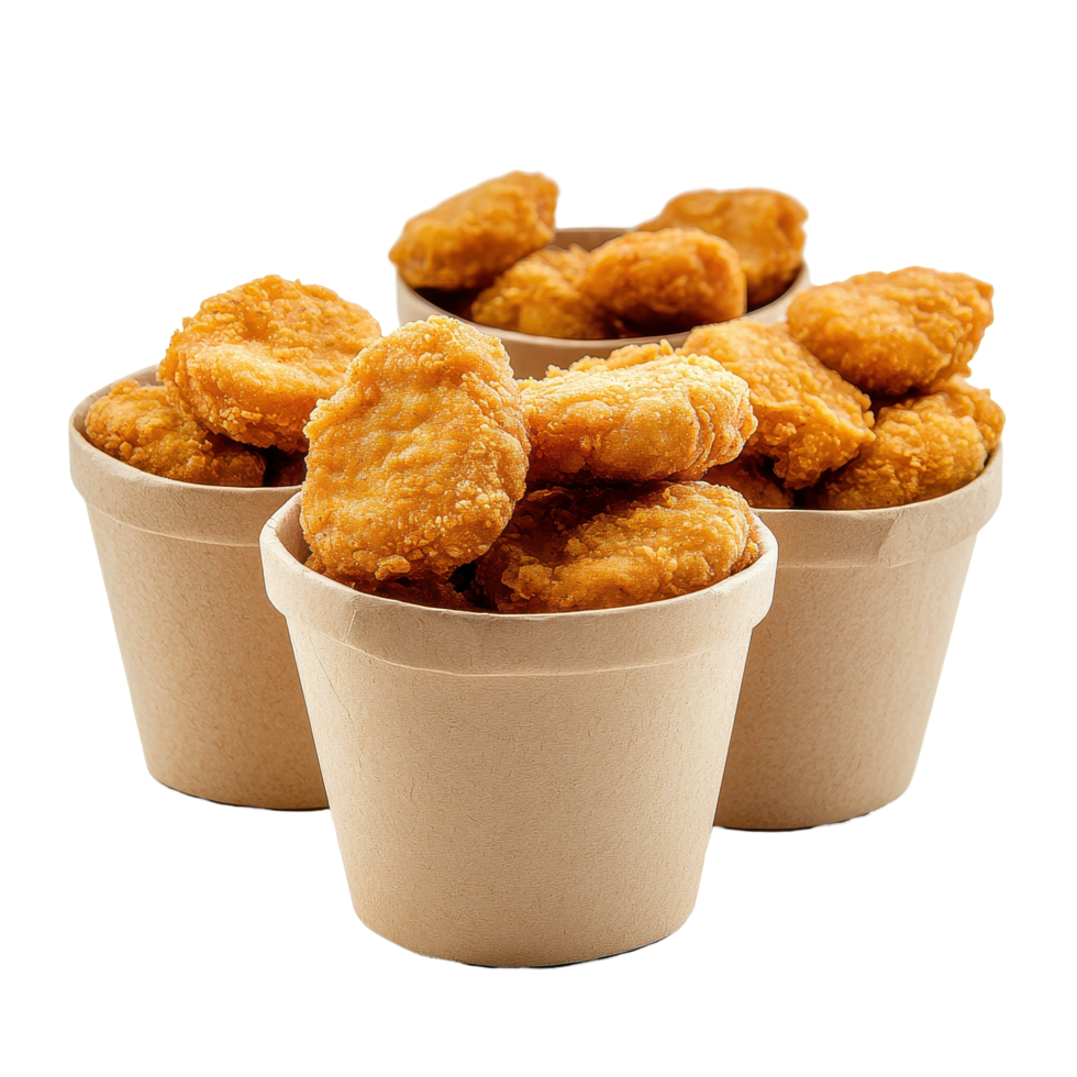 Crispy fried chicken nuggets served in paper cups on white background, Fried Chicken Nuggets in Paper Cups On white background png
