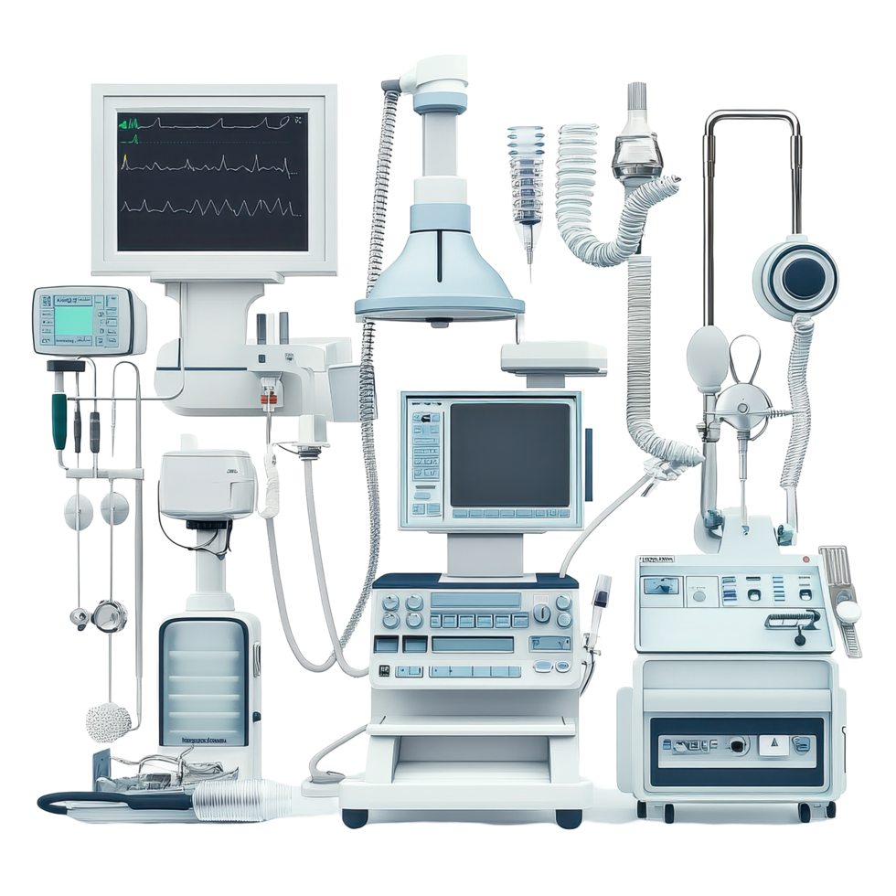Medical equipment collection featuring monitors and diagnostic tools on Transparent background, Medical Equipment isolated on background png