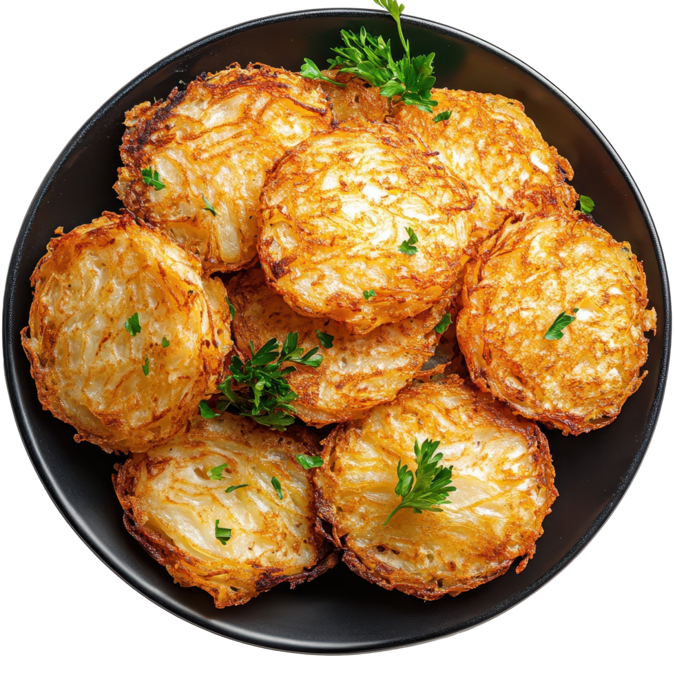 Crispy hash browns on a black plate garnished with fresh parsley from a top view against a white background, Hash browns on black plate, top view, isolated white background png