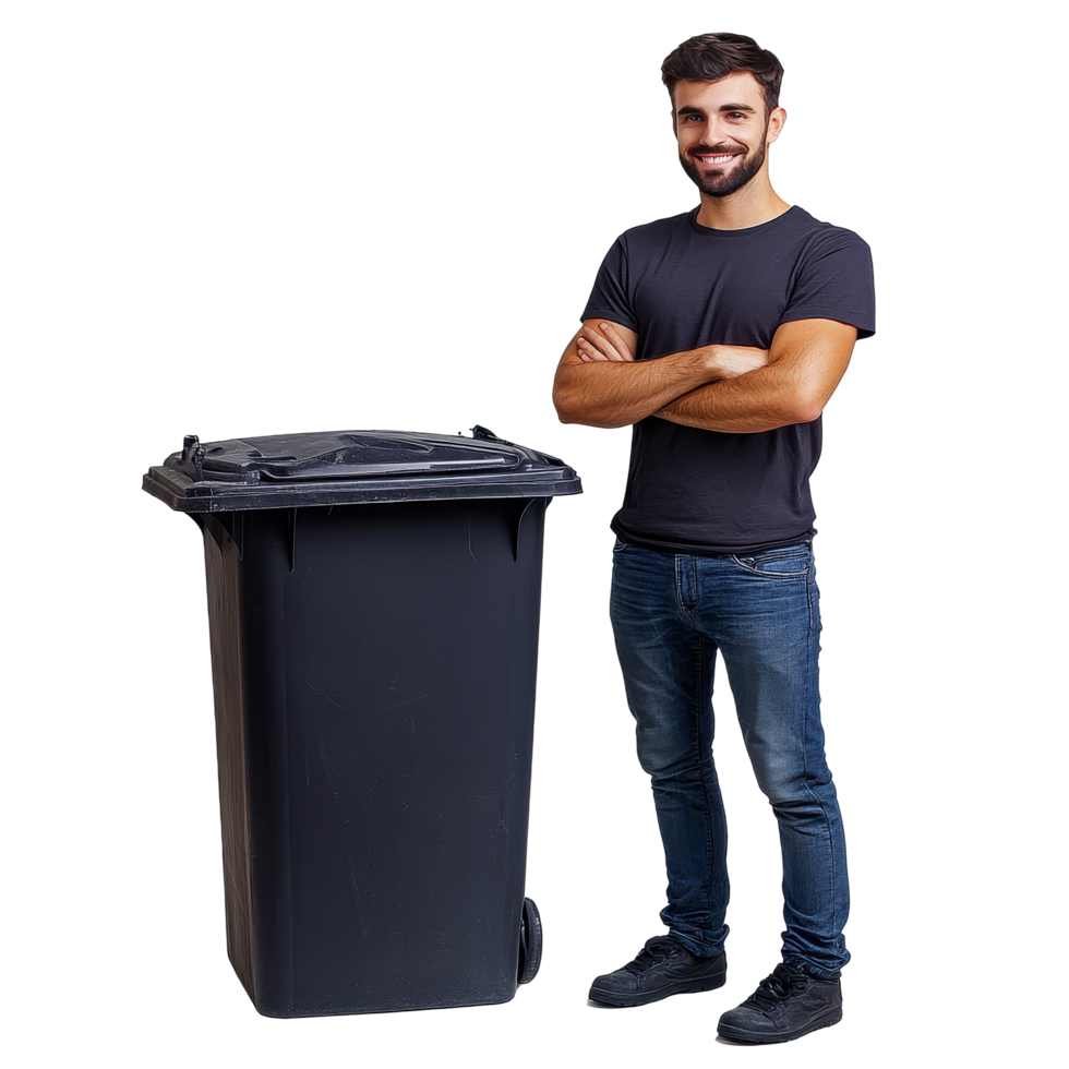 Man confidently standing by a trash can with arms crossed against a Transparent background, Man standing next to trash can isolated on background png