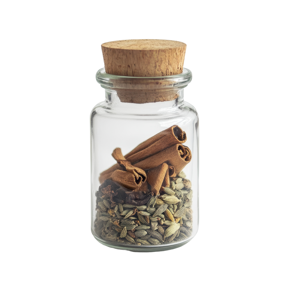 Clear glass spice jar filled with various spices on a Transparent background, Clear Glass Spice Jar with Spices png