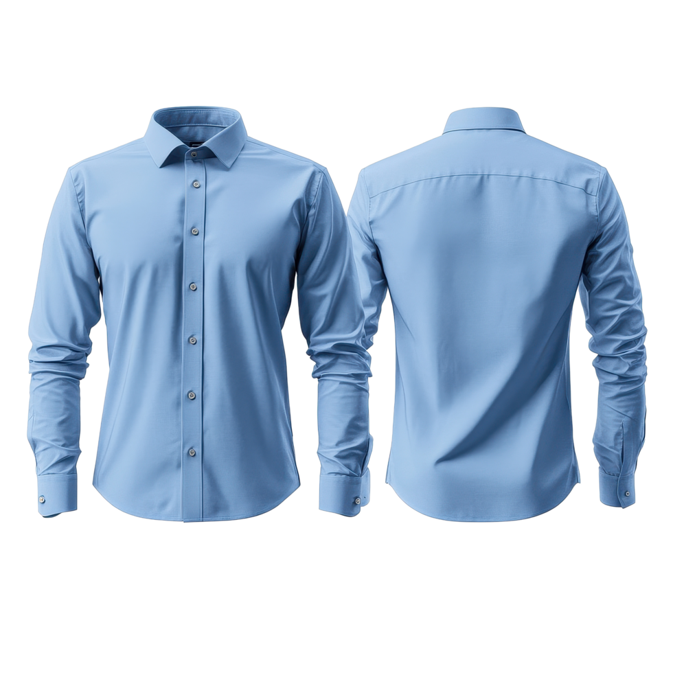 Elegant blue shirt mockup showcasing front and back views with a modern design for versatile styling, Elegant Blue Shirt Mockup Front and Back Views on white background png