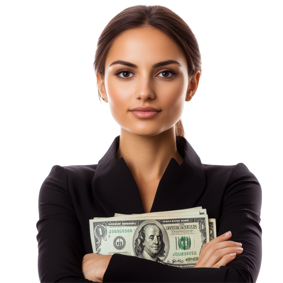 Businesswoman confidently holding dollars against a bright white background, Businesswoman with Dollars isolated on white background png