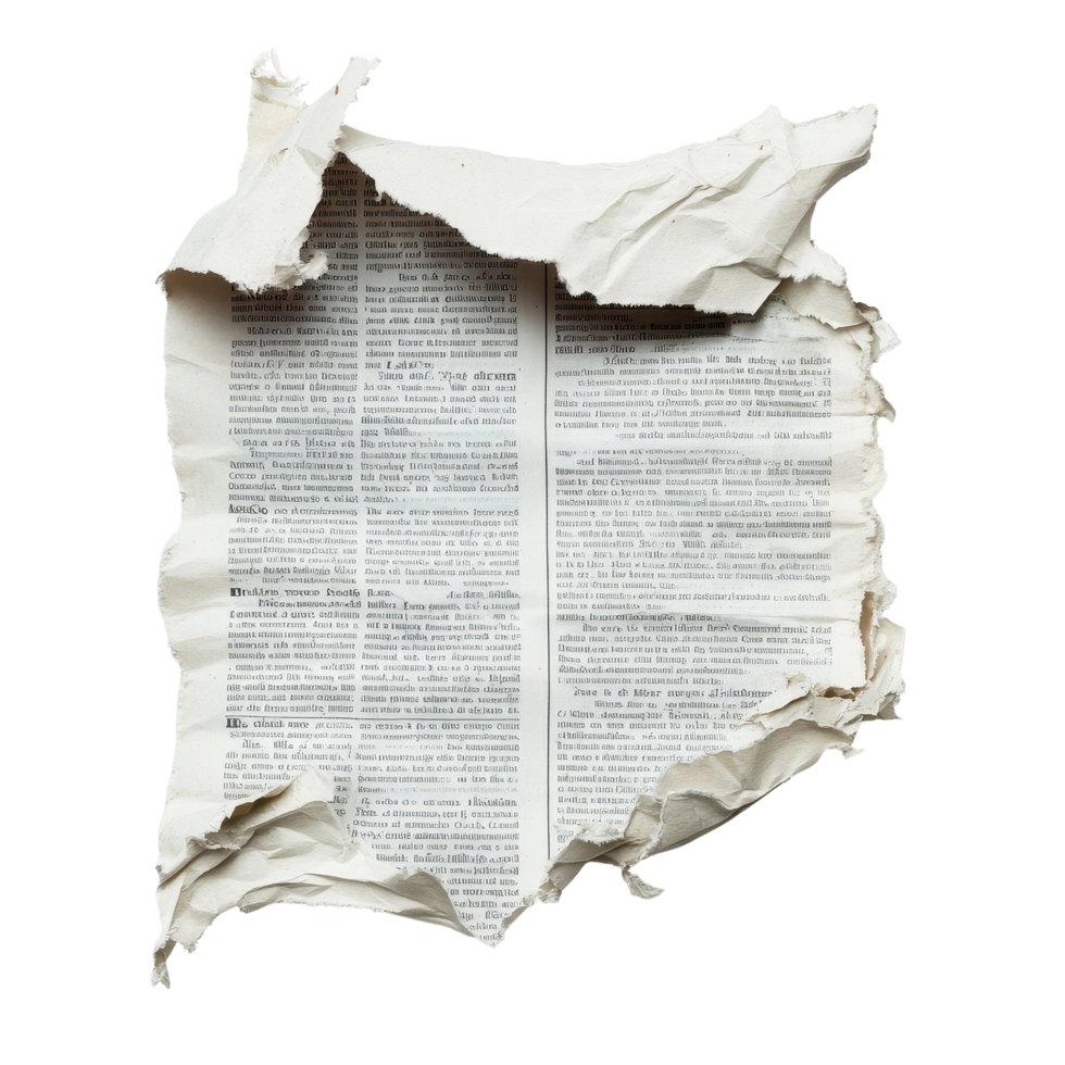 Torn newspaper piece with visible text isolated on Transparent background showcasing texture and details of printed material, Torn Newspaper Piece isolated on background png