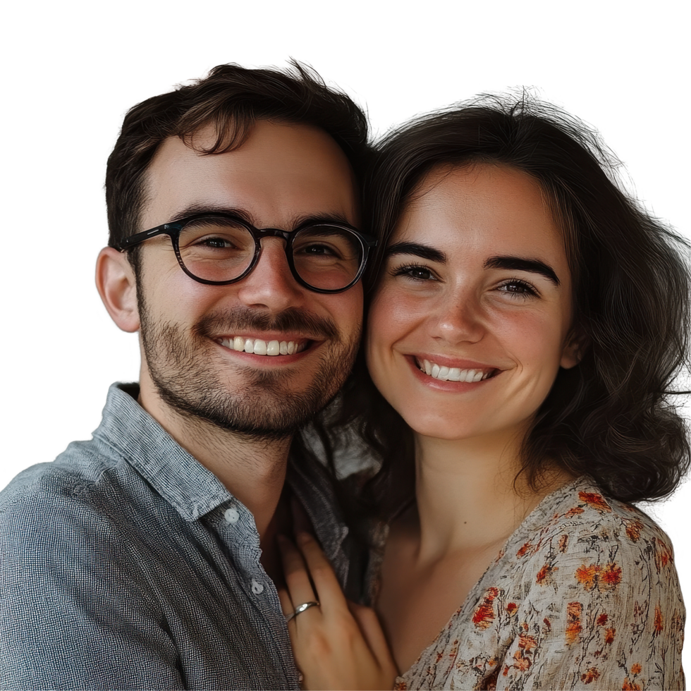 Smiling couple poses closely, showcasing their joy and connection in a cozy indoor setting, Portrait a Smiling Couple png