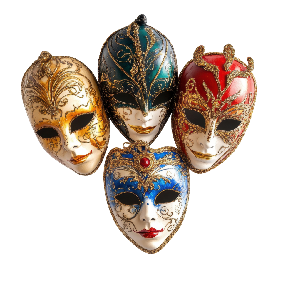 Colorful Venetian carnival masks with intricate designs showcased against a Transparent background, Venetian Carnival Masks on background png