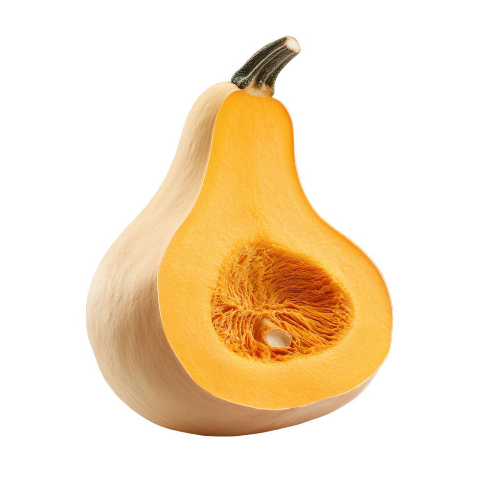 Half butternut squash displaying vibrant orange flesh isolated on a clean white background for culinary use, half butternut squash isolated on white background png