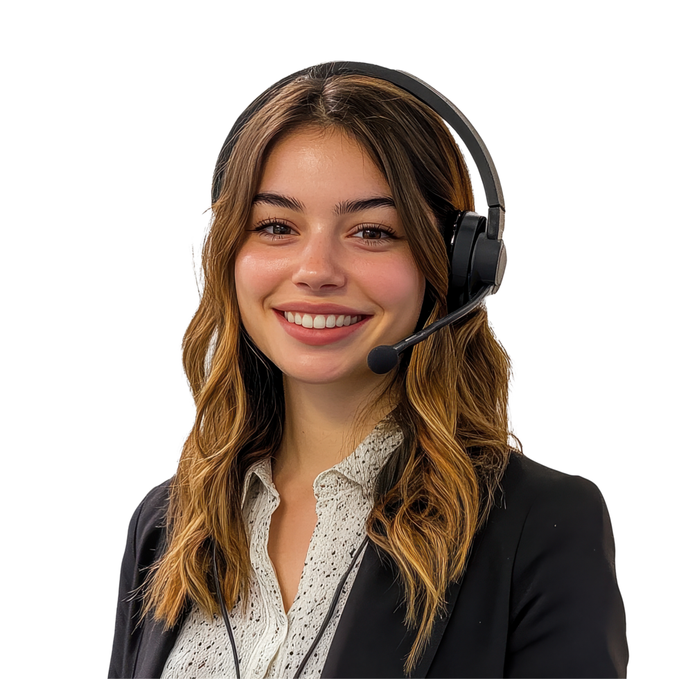 Customer service representative assisting clients with queries and providing support in a professional setting, Female customer service representative, white background png