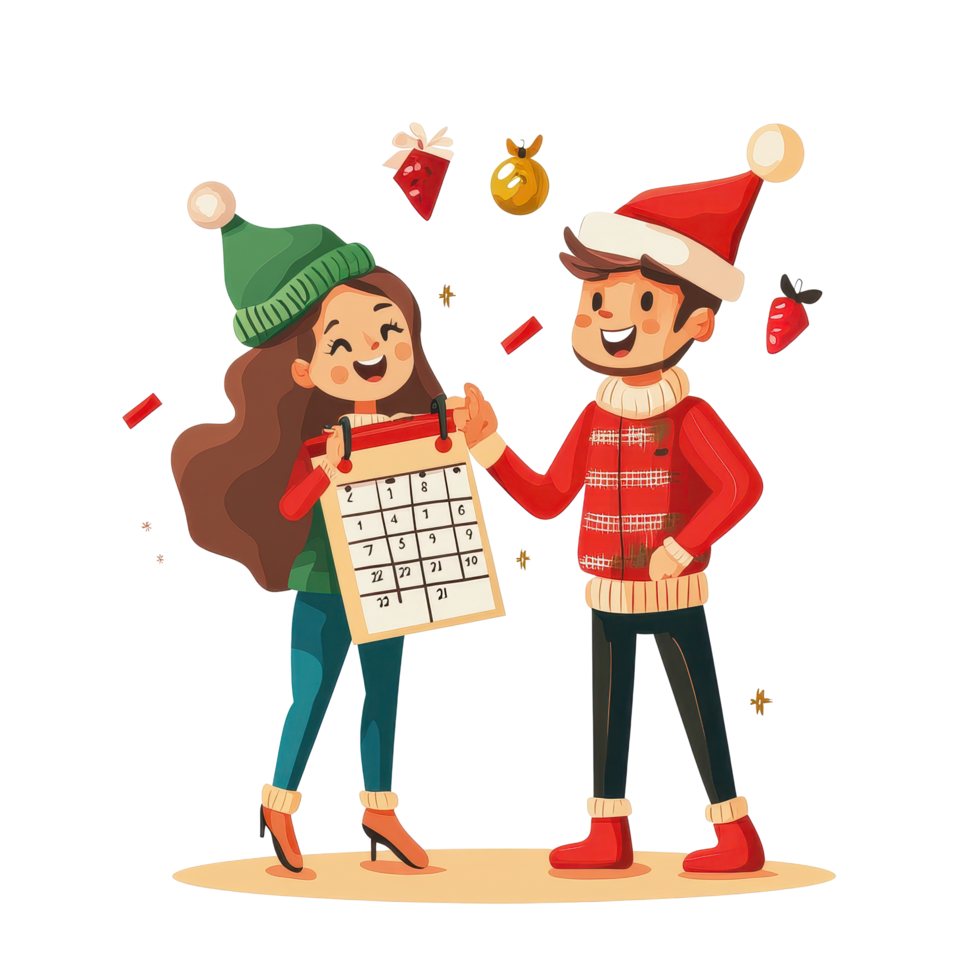 New Years celebration characters holding a calendar in festive outfits against a cheerful backdrop, New Year s Celebration Characters with Calendar On Transparent background png