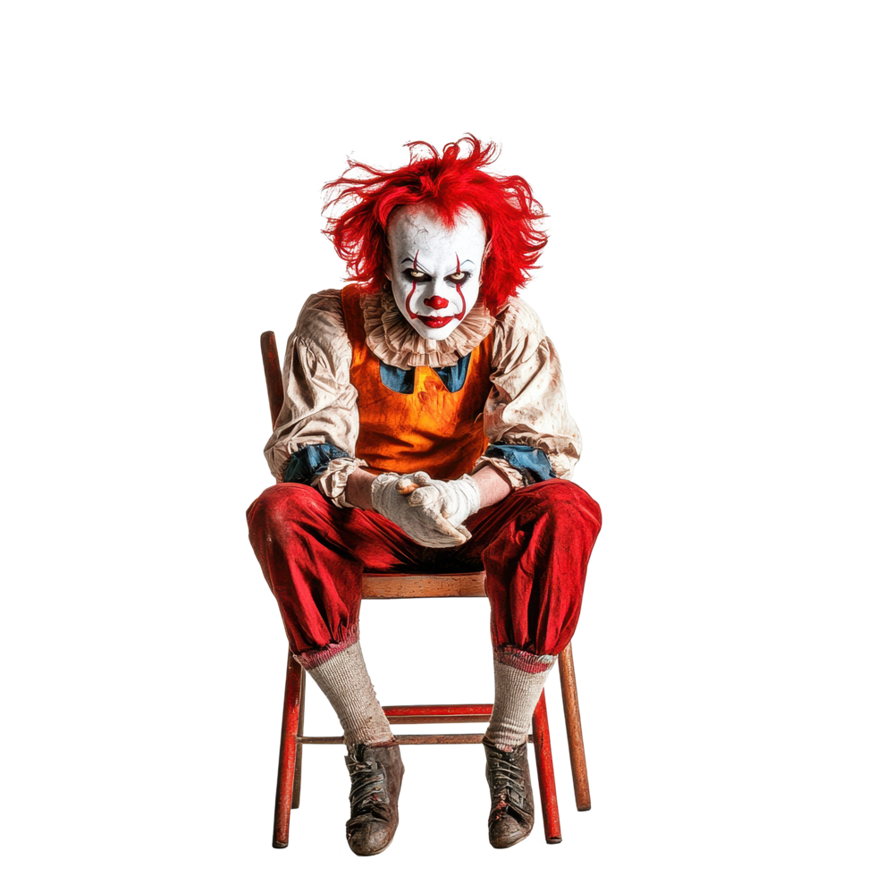 Scary clown sitting on a chair in isolation against a bright Transparent background, Scary clown sitting on a chair isolated on background png