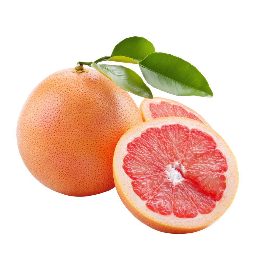 Fresh grapefruit sits beside a sliced half with green leaves on a bright white background, Grapefruit in white background format png