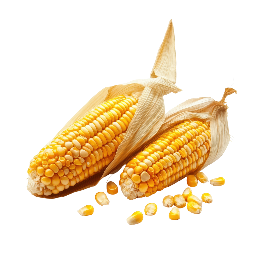 Corn seeds and cobs isolated on Transparent background showcasing bright yellow kernels in natural arrangement, Corn seeds isolated on background png