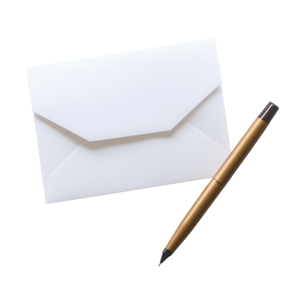 White envelope and pen on a plain background ready for correspondence or note taking purposes, White Page with Envelope and Pen Transparent background png