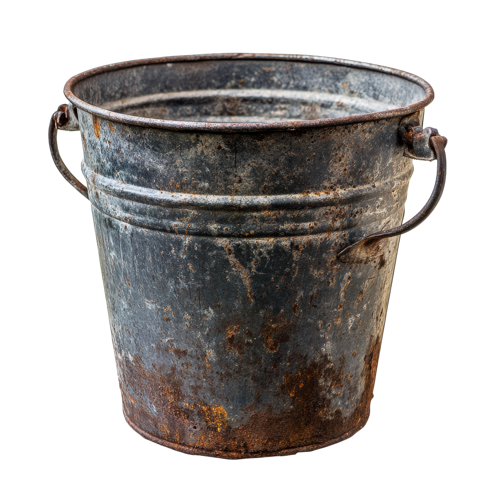Old metal bucket with rusty edges isolated on Transparent background for vintage decor and rustic styling, Old metal bucket isolated on background png