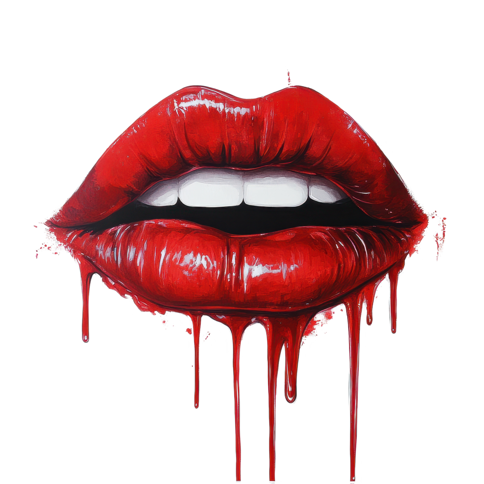 Hand painted red lips with dripping effect showing artistry and bold color in a contemporary design, red lips, hand painted red lips, and dripping red lips, Transparent background png