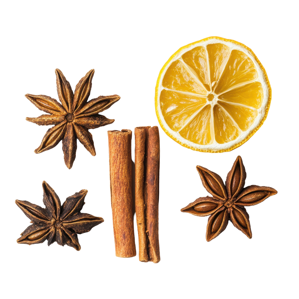Cinnamon sticks, star anise, and dried lemon arranged on a white background for culinary use, Cinnamon stick, star anise and dried lemon isolated on white background png