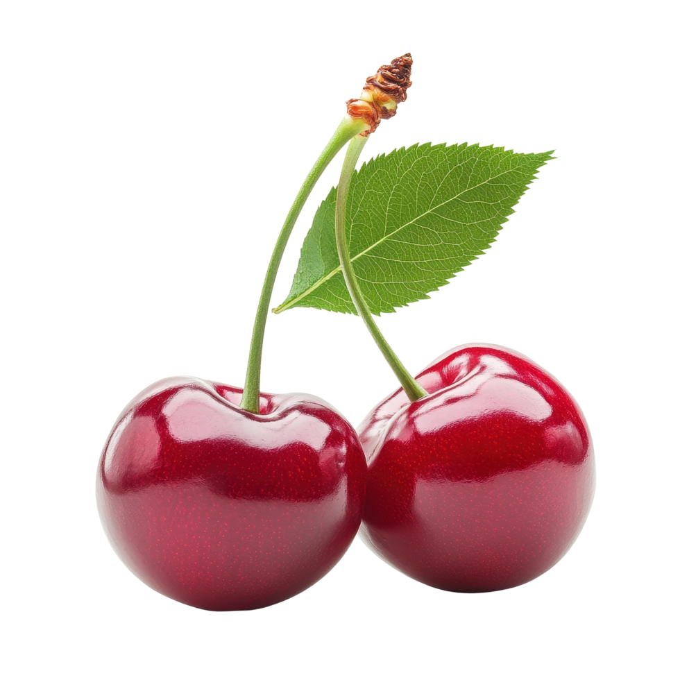 Delicious cherries with green leaves isolated on a bright Transparent background for fresh fruit appeal, Delicious cherry isolated background png