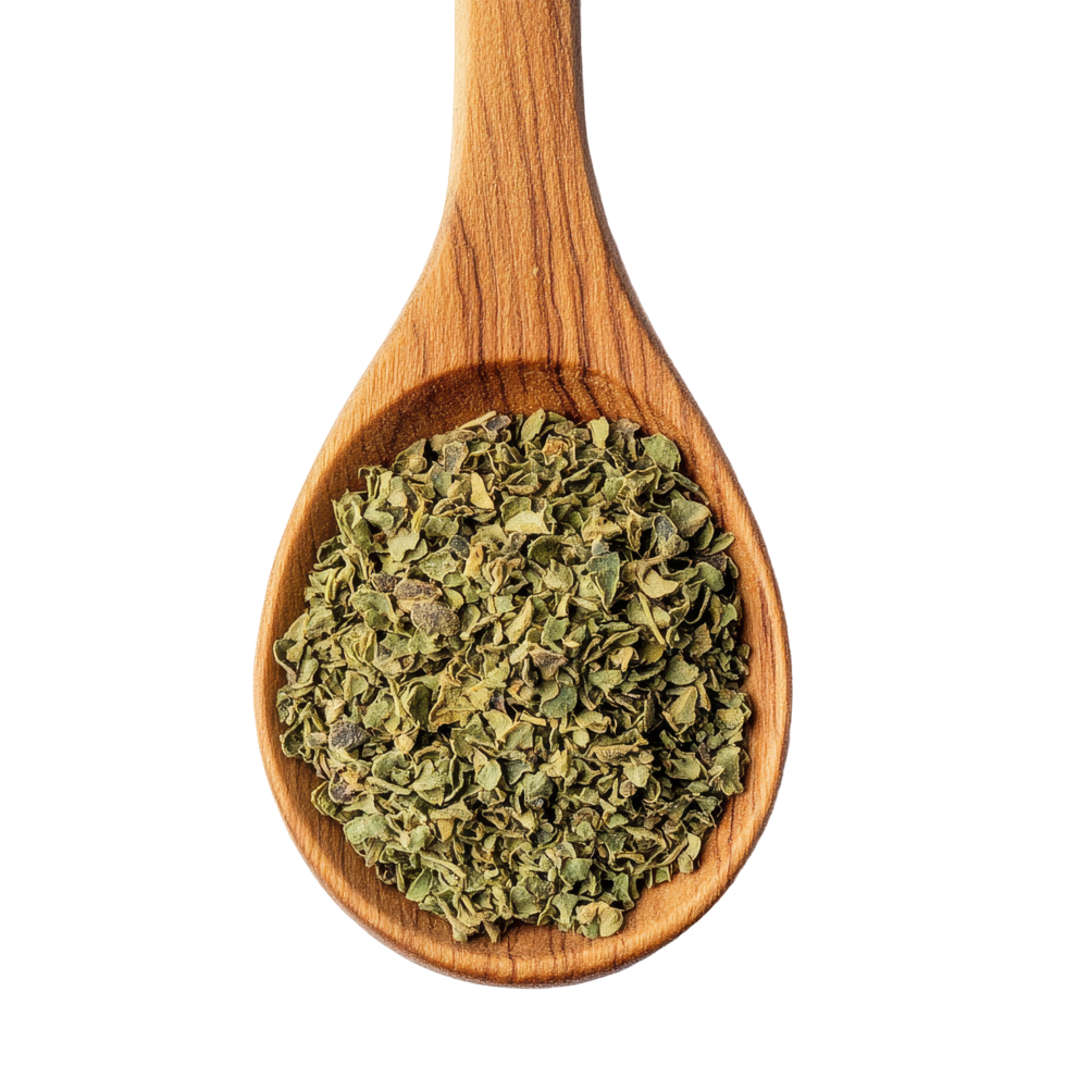 Dried oregano in a wooden spoon isolated on a Transparent background for culinary use, Dried oregano in wood spoon isolated on background png