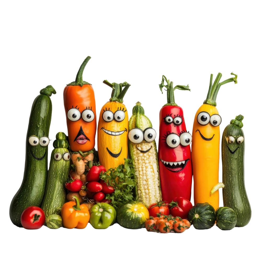 Cheerful group of vegetables with faces celebrating their uniqueness in a bright setting, group vegetables with faces and eyes, white background png