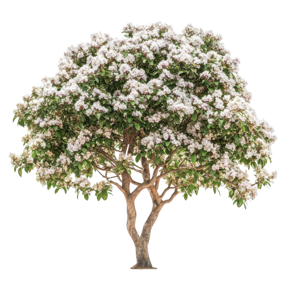 Flowering Shala tree adorned with white blossoms isolated on a bright background, Isolated image a flowering Shala tree on a white background png