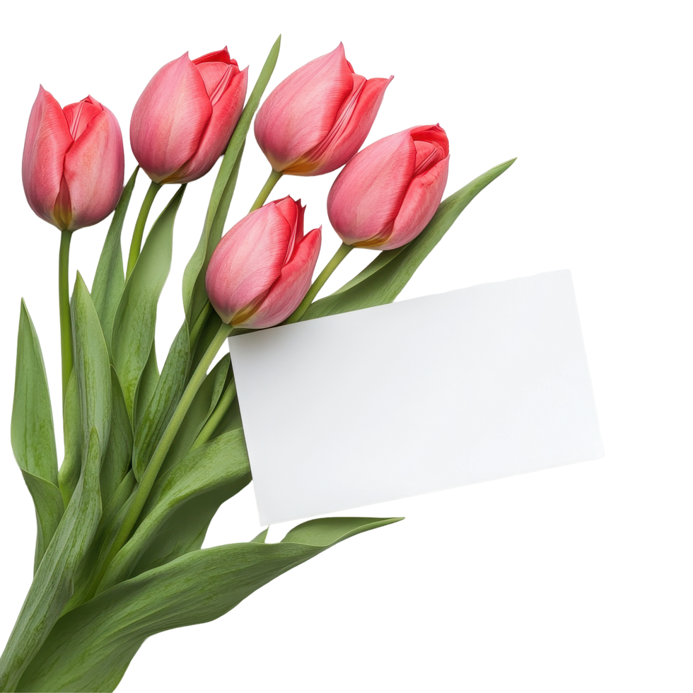 Colorful fresh tulips with a blank card on a white background ready for a heartfelt message, Fresh tulips with blank card on white png