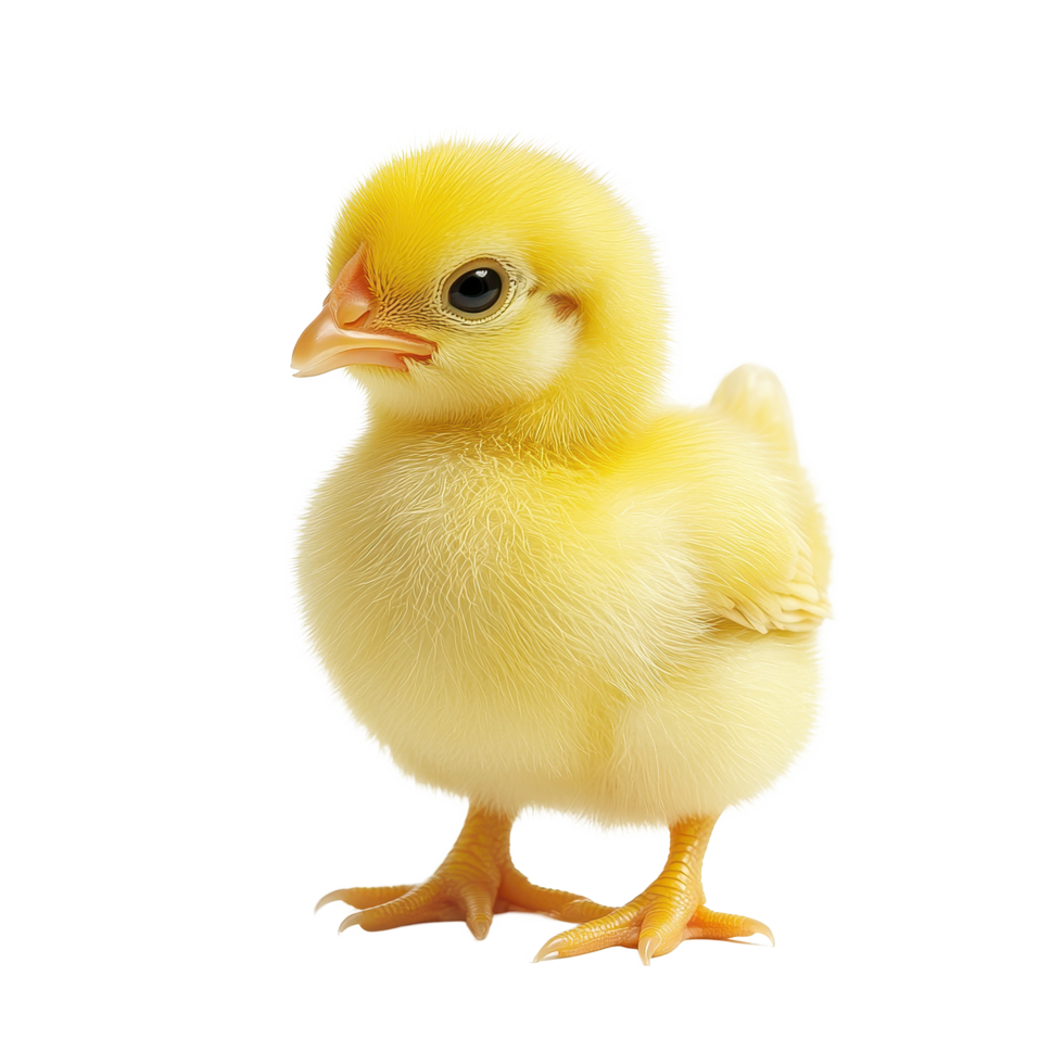 Cute little yellow chicken standing alone on Transparent background showcasing fluffy feathers and bright eyes, Cute little chicken isolated on white png