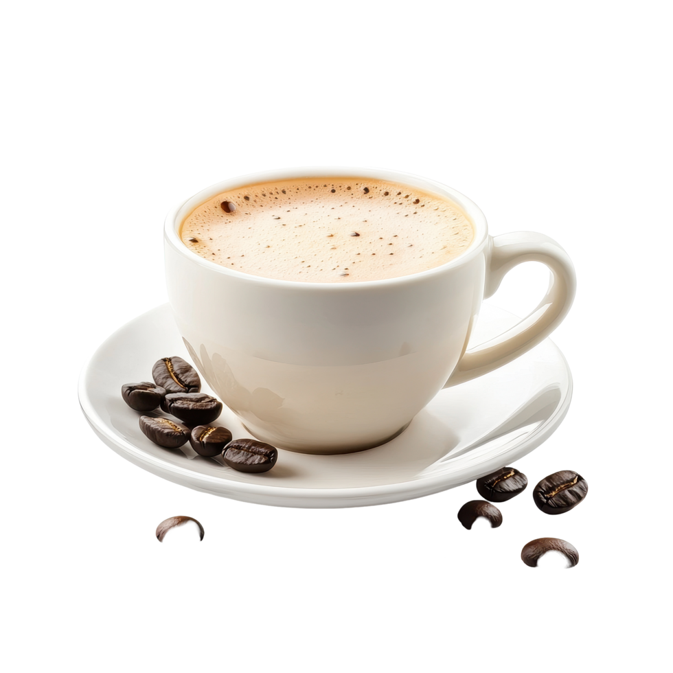 Fresh coffee in a white cup with roasted beans on a saucer against a plain white background, Fresh coffee on white background png